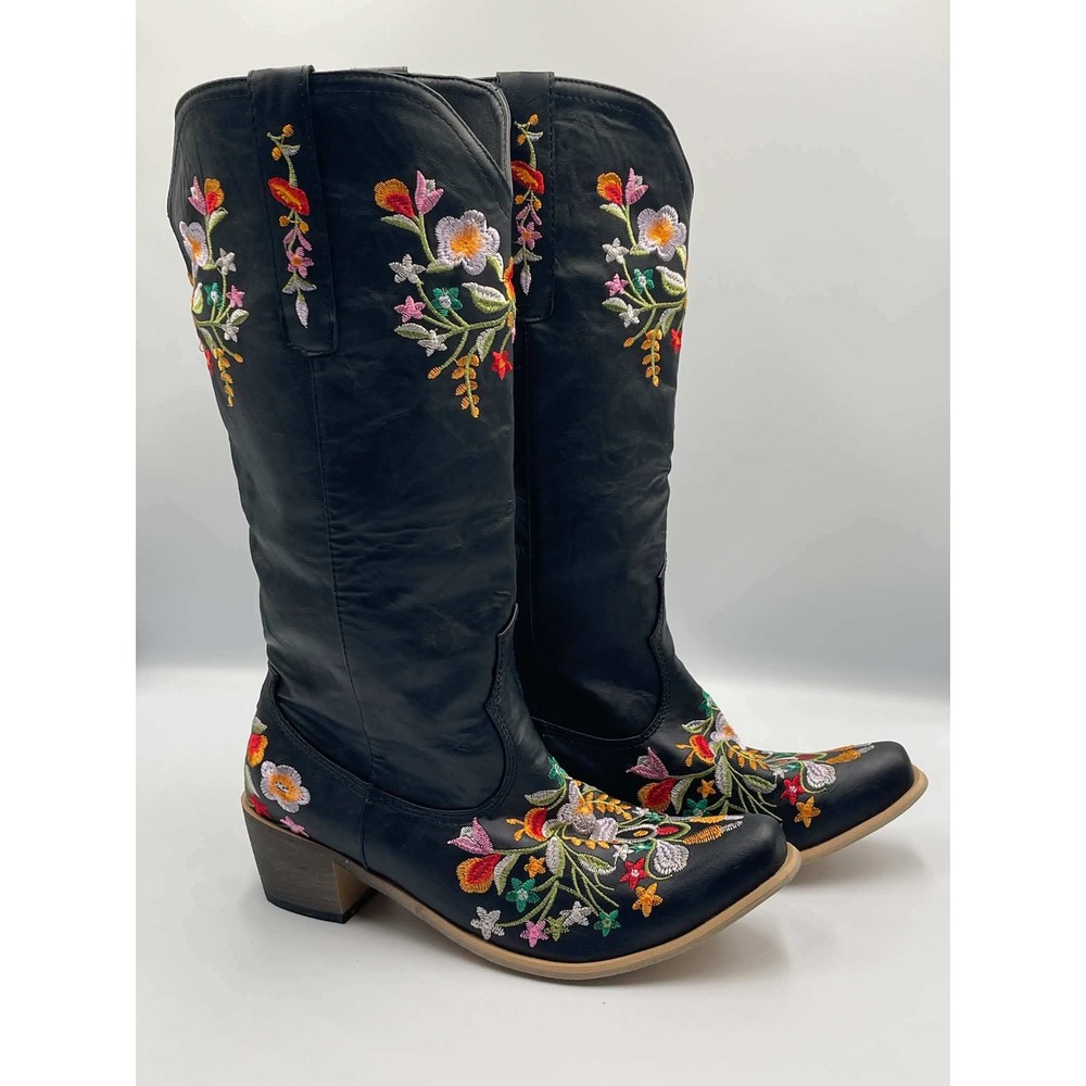 Floral Embroidered Western Cowboy Boots Black Faux Leather Tall Pointed Toe 39